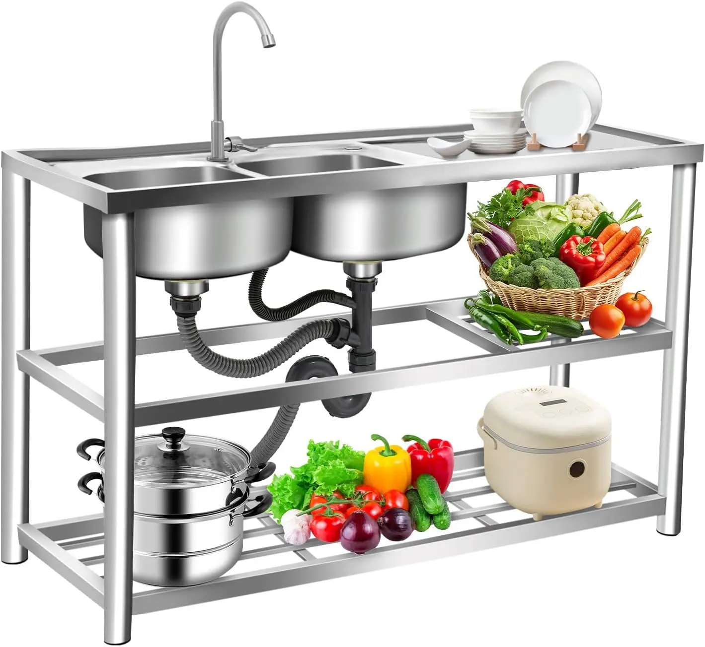 3 Tiers Freestanding Stainless - Commercial Kitchen Double Sink recension och pris