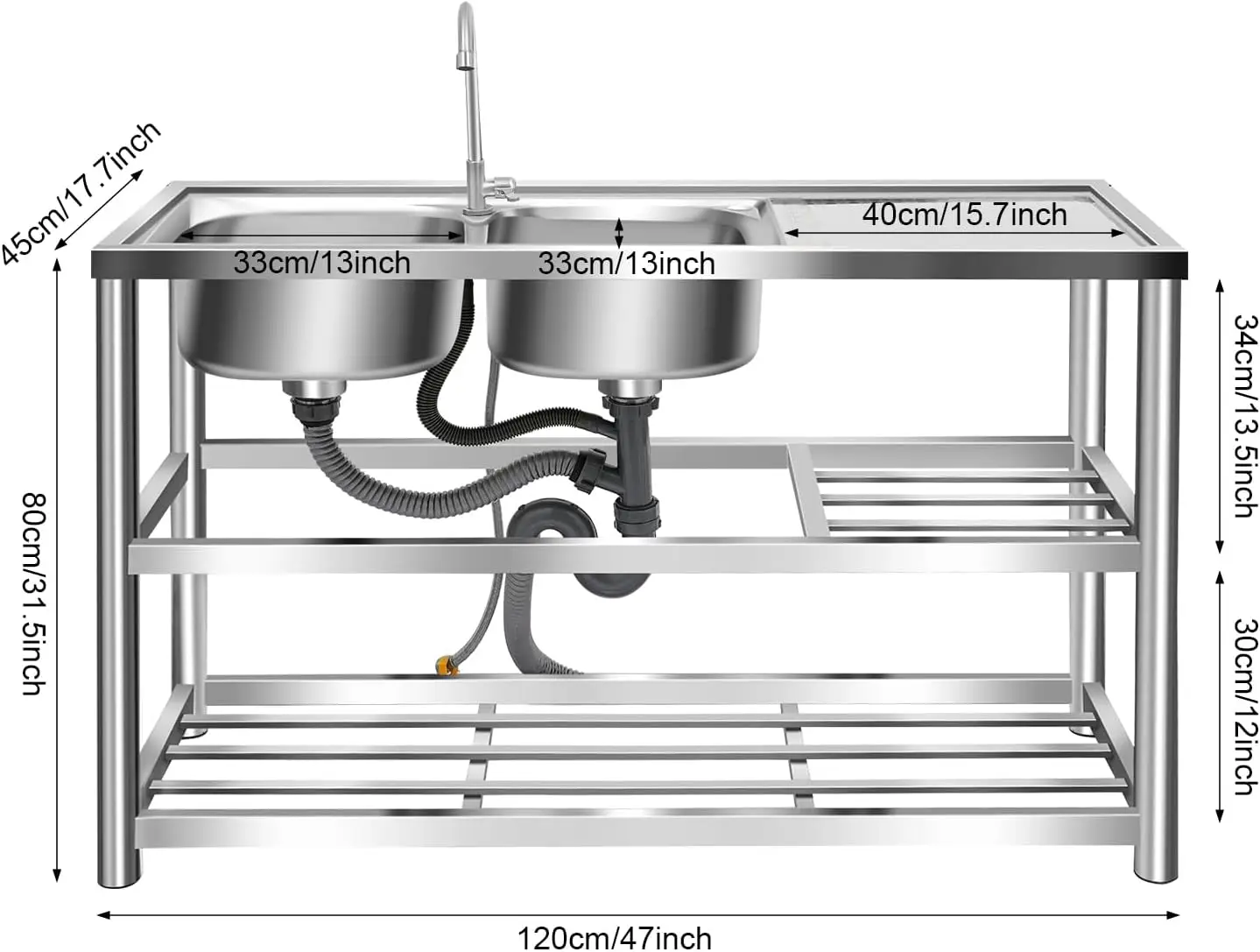 3 Tiers Freestanding Stainless - Commercial Kitchen Double Sink recension och pris