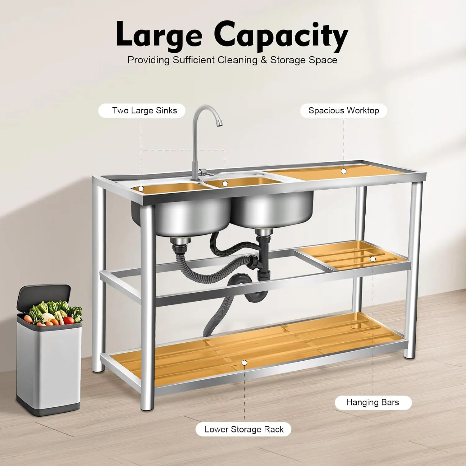 3 Tiers Freestanding Stainless - Commercial Kitchen Double Sink recension och pris