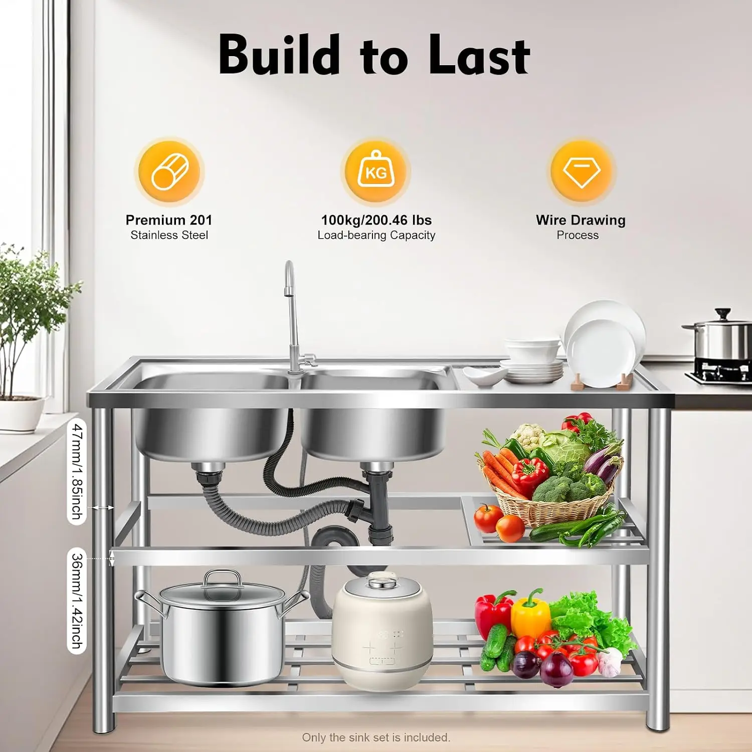 3 Tiers Freestanding Stainless - Commercial Kitchen Double Sink recension och pris